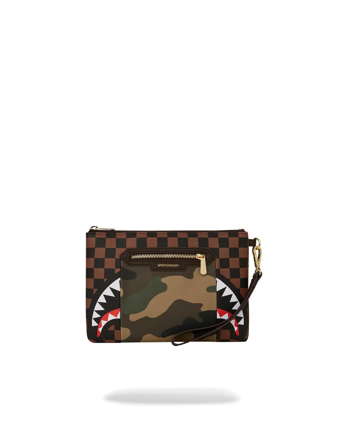 EXTERIOR GOLD ZIP POCKET SHARKS IN PARIS CROSSOVER CLUTCH | Sprayground Latest