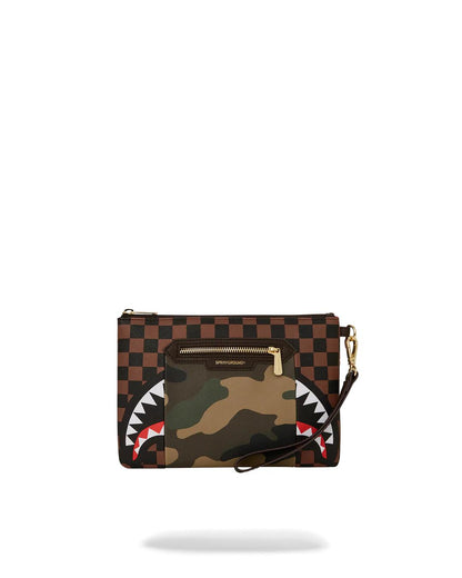 EXTERIOR GOLD ZIP POCKET SHARKS IN PARIS CROSSOVER CLUTCH | Sprayground Latest
