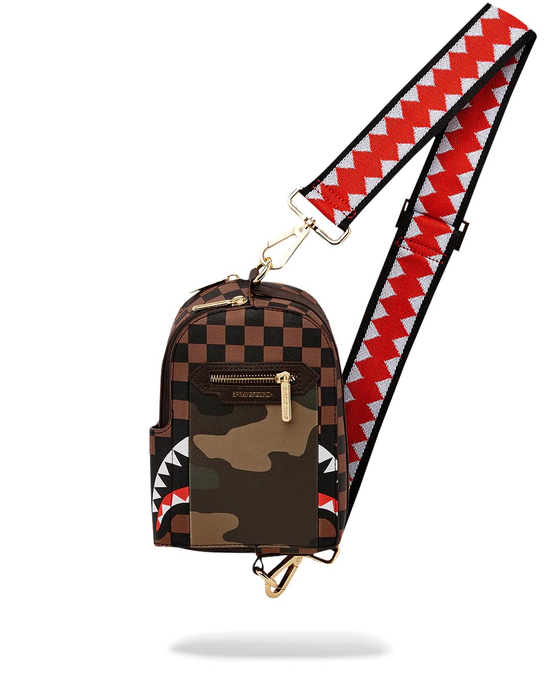 EXTERIOR GOLD ZIP POCKET SHARKS IN PARIS BACKPACK SLING | Sprayground Value