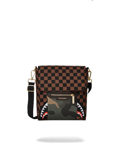 EXTERIOR GOLD ZIP POCKET SHARKS IN PARIS MESSENGER SLING BAG | Sprayground Great Value