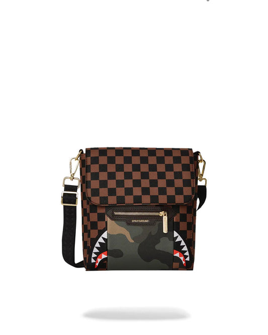 EXTERIOR GOLD ZIP POCKET SHARKS IN PARIS MESSENGER SLING BAG | Sprayground Great Value
