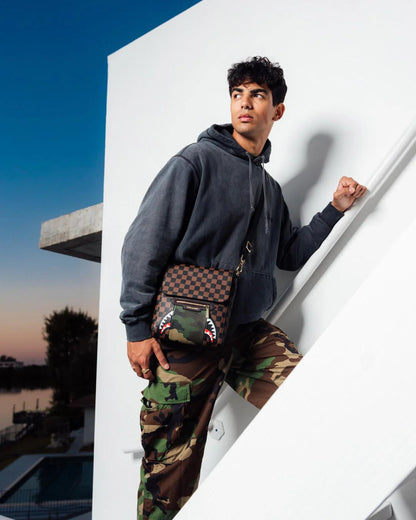 EXTERIOR GOLD ZIP POCKET SHARKS IN PARIS MESSENGER SLING BAG | Sprayground Great Value