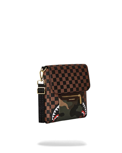 EXTERIOR GOLD ZIP POCKET SHARKS IN PARIS MESSENGER SLING BAG | Sprayground Great Value