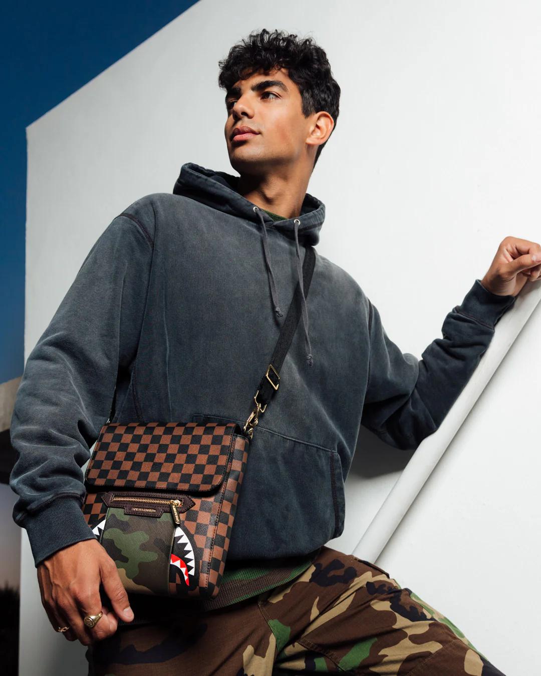 EXTERIOR GOLD ZIP POCKET SHARKS IN PARIS MESSENGER SLING BAG | Sprayground Great Value