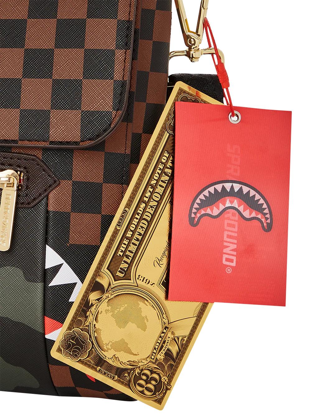 EXTERIOR GOLD ZIP POCKET SHARKS IN PARIS MESSENGER SLING BAG | Sprayground Great Value