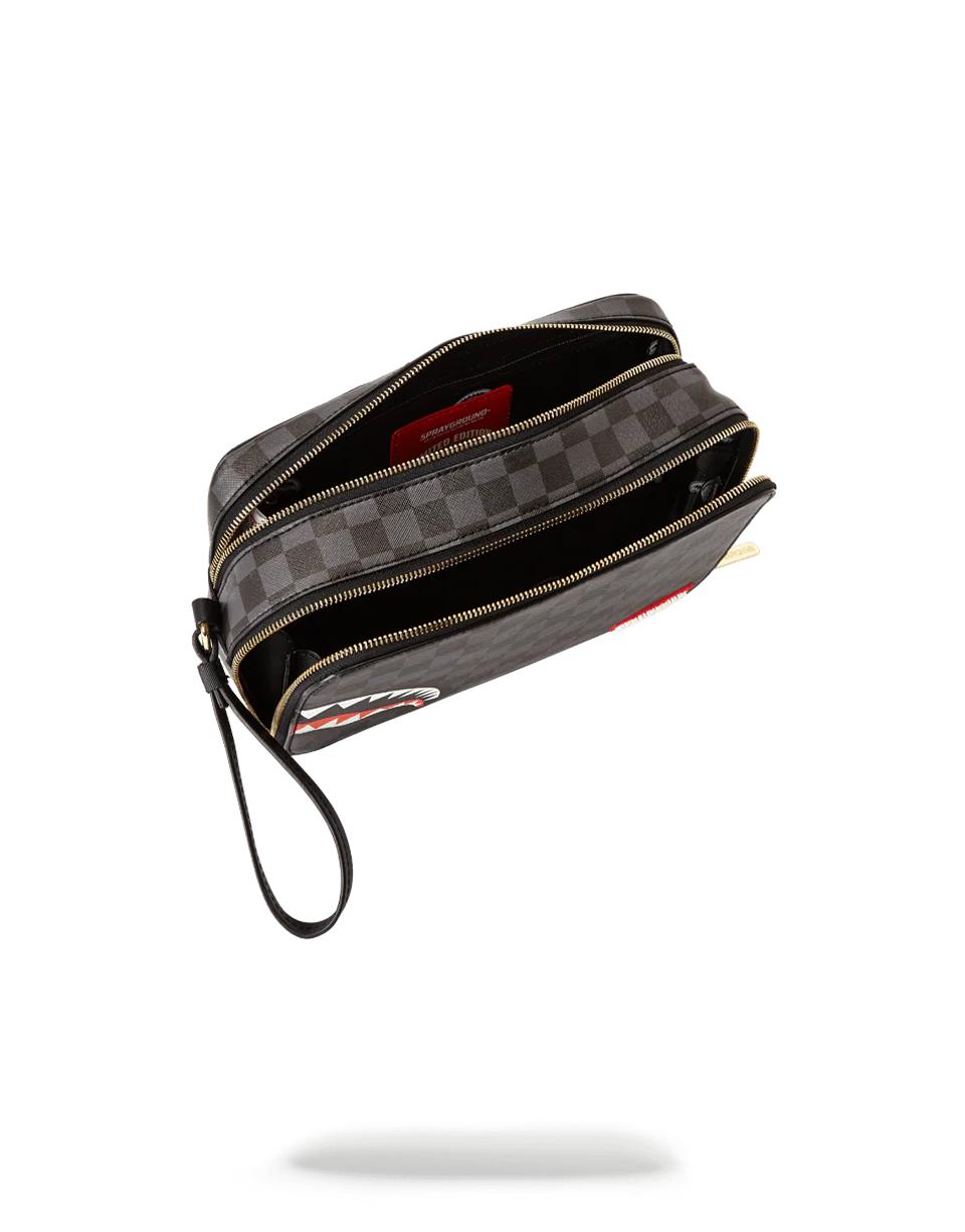 SHARKS IN PARIS (BLACK CHECKERED EDITION) TOILETRY AKA MONEY BAGS | Sprayground New