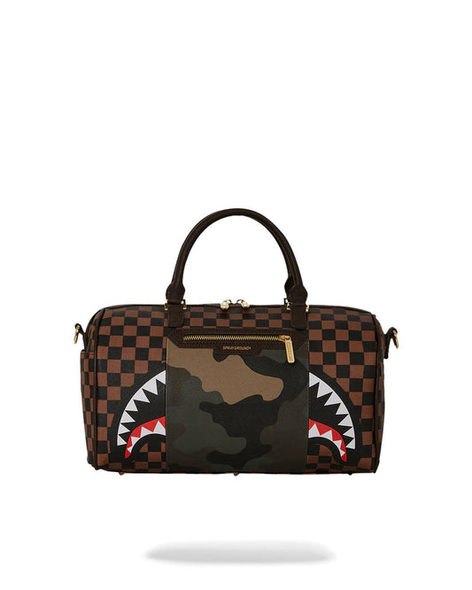 EXTERIOR GOLD ZIP POCKET SHARKS IN PARIS MINI DUFFLE | Sprayground New