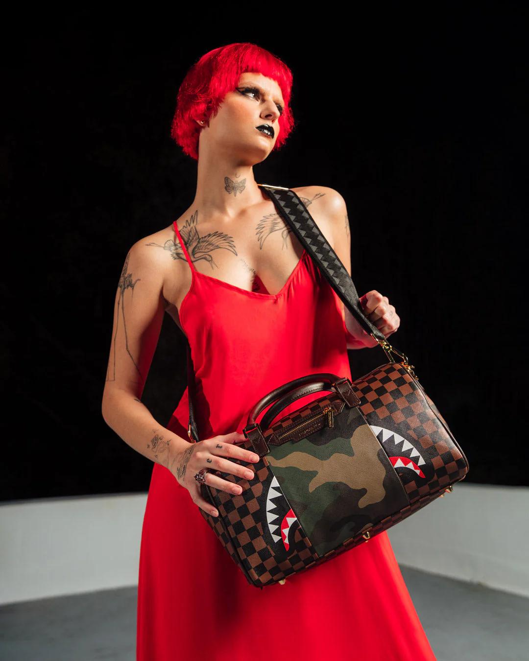 EXTERIOR GOLD ZIP POCKET SHARKS IN PARIS MINI DUFFLE | Sprayground New