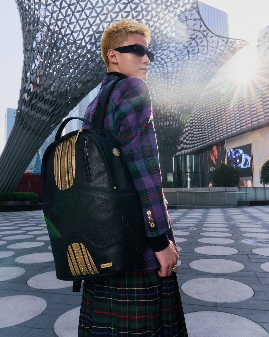 GOLD AND BLACK RACING STRIPES BACKPACK | Sprayground Featured